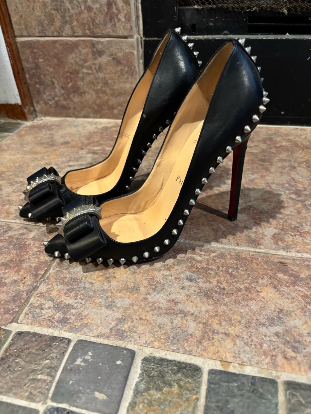 Christian Louboutin Black Studded Bow Pointed-Toe Stiletto Heels